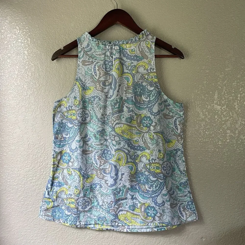 Vtg Y2K Old Navy Sleeveless Floral Paisley Top Blue Linen Cotton Medium Fairy
